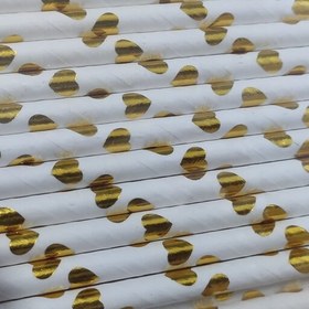 تصویر نی نوشیدنی کاغذی قطر 5 میل 25 عددی طرح قلب طلایی 