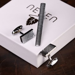تصویر دکمه سردست و گیره کراوات نقره‌ای NESEN کد N19 