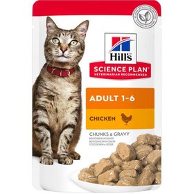 تصویر پوچ گربه بالغ هیلز با طعم مرغ Hill’s science plan adult 1-6 with chicken وزن ۸۵ گرم 