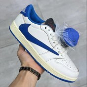 تصویر جردن ۱ لو تراویس اسکات سفید آبی Jordan 1 Retro Low OG SP Fragment x Travis Scott Sail Military Blue 