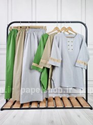 تصویر ست تونیک و شلوار لینن با نوار تزیینی سرآستین 