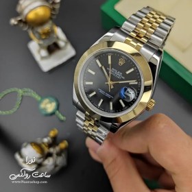 تصویر ساعت رولکس دیت جاست مردانه طلایی نقره ای بند جوبیلی صفحه مشکی ایندکس رولکس ( Rolex )