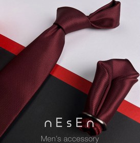 تصویر ست کراوات و دستمال جیب مردانه نسن | زرشکی ساده (جودون) S11 