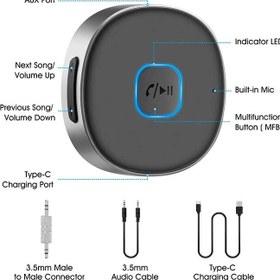 تصویر گیرنده بلوتوث Aux قابل حمل نسخه 5.0 برای خودرو خانه استریو هدست‌های سیمی بلندگو، عمر باتری 16 ساعت 