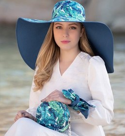 تصویر کلاه لبه بلند هاوایی برگ سبز آبی با مچ بند زنانه 10062 آبی FREE اندلس 