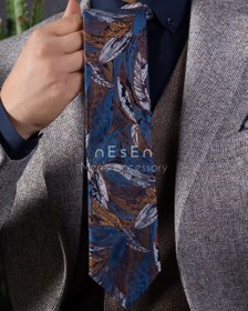 تصویر ست کراوات و پوشت مردانه NESEN - طرح برگ آبی شکلاتی T112 