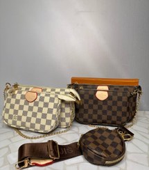 تصویر کیف سه‌تکه لویی ویتون زنانه مدل اسپرت کلاسیک | طراحی شطرنجی با بند زنجیری و برزنتی 