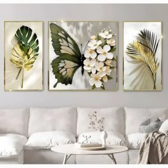 تصویر تابلو برجسته گل و پروانه 3تکه 