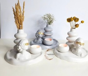 تصویر ست دکوری ۴ عددی رنگ سفید و طوسی و نقره ای 