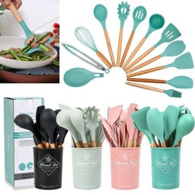 تصویر سرویس کفگیر و ملاقه سیلیکونی 12 پارچه دسته چوبی Kitchenware Set - قرمز Silicone Kitchen Set