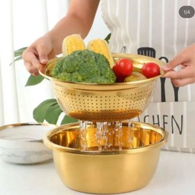 تصویر ست ابکش و لگن طلایی در 5 سایز Golden colander and basin set in 5 sizes