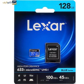 تصویر کارت حافظه microSDXC لکسار مدل 633X V30 A1 کلاس 10 استاندارد UHS-I U3 سرعت 100MBps ظرفیت 128 گیگابایت به همراه آداپتور Lexar 633X V30 A1 UHS-I U3 100MBps microSDXC - 64GB