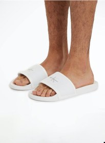 تصویر دمپایی طبی مردانه - نخی، سفید برند calvin klein jeans Men's Slide Institutional Flip Flops - Cotton, White