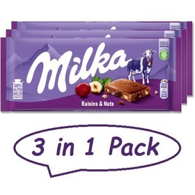 تصویر شکلات تخته‌ای میلکا مدل فندق و کشمیش، بسته 3 عددی Raisins & Nuts Milka Chocolate bar, 3 in 1