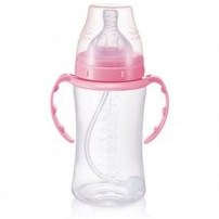 تصویر شيشه شير 360 درجه 300 ميل صورتی بیبی سیل babisil Wide-Neck PP Bottle with Flexi-Straw 300ml - Pink