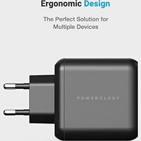 تصویر شارژر دیواری پاورولوژی 65 وات تکنولوژی گان مدل Powerology p65pdeubk Powerology 3 Output 65W GaN Charger with Quick PD Charge