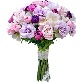 تصویر دسته گل مخلوط عروس ترکیب گلهای ابریشمی نسترن، رز، آرتانزیا کد 2033 