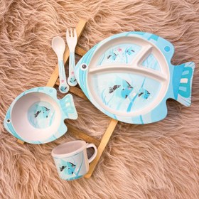تصویر ست ظرف غذای کودک 5 پارچه فیبر بامبو طرح ماهی Bamboo Fiber Baby Feeding Set – 5 Pieces (Fish Design)
