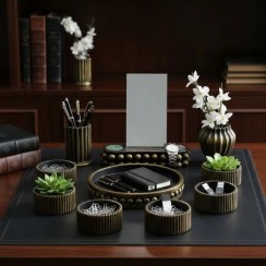 تصویر هفت سین پتینه مشکی و طلایی، پیاله مراکشی شیاردار، استند آینه مراوریدی | کرج لند 