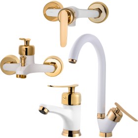 تصویر ست شیرآلات پادرا مدل بتا Padra faucet set, beta model, white and gold