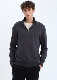 تصویر سویشرت خاکستری مردانه راحتی به طور منظم متناسب با قالب گاه Zipper Red Basic Sweatshirt Flat دفاکتو Defacto 