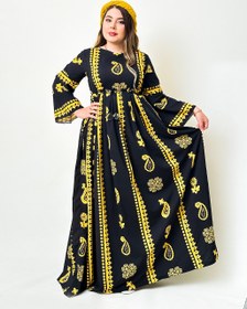 تصویر پیراهن بلند سنتی طرح گلونی هەوری زرد 