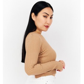 تصویر بلوز زنانه آستین بلند یقه گرد با بند پشت، رنگ بژ برند brave soul Women Round Neck Long Sleeve Ribbed Back Tie Blouse, Beige