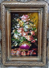 تصویر تابلوفرش دستبافت گل با قاب چوبی Handwoven flower carpet panel with wooden frame