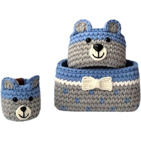 تصویر سبد قلاب بافی تریکو طرح سیسمونی کودک کد 11 مجموعه 3 عددی 