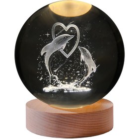 تصویر چراغ خواب مدل گوی کریستالی ۳D طرح دلفین و قلب 