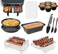 تصویر Xufeng Air Fryer Accessories 10pcs Set, for Ninja Dual Air Fryer DZ201, DZ401 &amp; More - Perfect for 8-10 Quart and Larger Dual Zone Air Fryers - Includes Cake Pizza Pan, Rack &amp; Skewer, Paper Liner, ect 