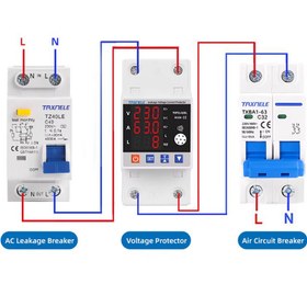 تصویر محافظ ولتاژ، جریان و نشتی جریان تکسنله مدل TVPS1-63EL Over Under Voltage Relay Earth Leakage Protector