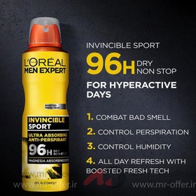 تصویر اسپری ضد تعریق مردانه لورآل سری MEN EXPERT مدل INVINCIBLE SPORT حجم 150 میلی لیتر L'Oreal men's antiperspirant spray, MEN EXPERT series, INVINCIBLE SPORT model, volume 150 ml