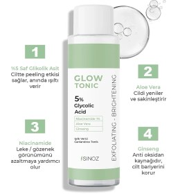 تصویر تونر لایه بردار پاک کننده و سفت کننده منافذ سینوز مدل Sinoz Glow Tonic 5% Glycolic Acid Sinoz Glow Tonic 5% Glycolic Acid 200ml