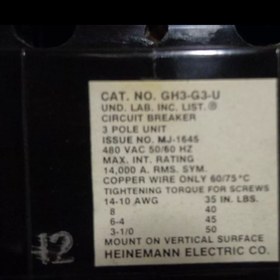 تصویر کلید اتوماتیک کریر HH83XA508 HH83XA508 Carrier Circuit Breaker Heinemann GH3-G3-U 3 Pole 480V