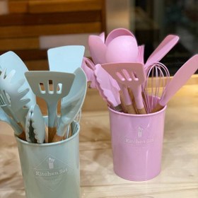 تصویر سرویس کفگیر و ملاقه سیلیکونی 12 پارچه دسته چوبی Kitchenware Set - قرمز Silicone Kitchen Set