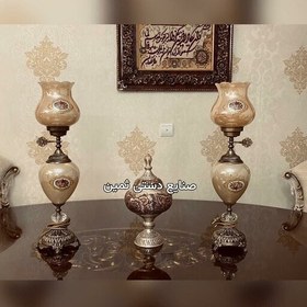 تصویر چراغ آنتیک دوپوست عسلی لاله شمعدان رومیزی لامپا برنزی 