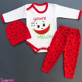 تصویر ست 3 تکه لباس یلدا بادی بلند و شلوار و کلاه هندوانه خندان cute watermelon baby clothes 