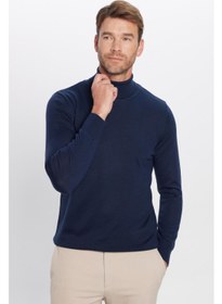 تصویر سویشرت پشمی آبی تیره مردانه با یقه گرد و طراحی ساده و فیت باریک برند tudors Men's Slim Fit Full Turtleneck Plain Wool Navy Blue Knitwear Sweater