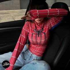 تصویر بادی زنانه طرح اسپایدرمن آبی قرمز ترک 