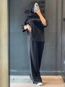 تصویر ست تیشرت و شلوار زنانه مازراتی مغزی دوزی رنگ مشکی و نسکافه ای 
