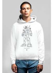 تصویر سویشرت مردانه با طراحی چاپی جلو و عقب، کلاهدار و رباتیک سفید برند rock&roll Robotic White Hooded Front and Back Printed Men's Sweatshirt