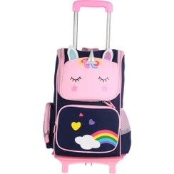 تصویر کوله پشتی چرخ دار دخترانه یونیکورن طرح رنگین کمانی کد BP-02 ا Unicorn wheeled backpack for girls, rainbow design code BP-02 Unicorn wheeled backpack for girls, rainbow design code BP-02