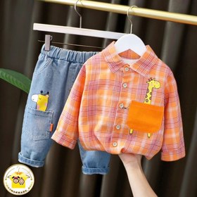 تصویر شومیز و شلوار جین پسرانه زرافه ای 076 - سایز Giraffe Boys' shirts and jeans