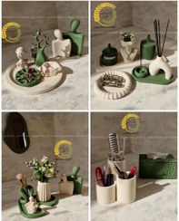 تصویر ست دکوری نظم دهنده میز آرایش 28 تیکه با ترکیب دو رنگ کرم استخونی و سبز 