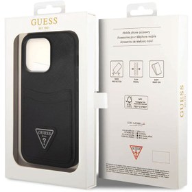 تصویر قاب گس جاکارتی دار مناسب برای گوشی موبایل اپل - Guess iPhone PU Black Saffiano Case with Double Cardslot & Metal Triangle Logo 