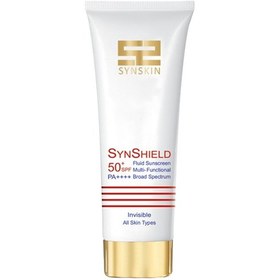 تصویر فلوئید ضد آفتاب ساین اسکین بی رنگ ساین شیلد مناسب انواع پوست SPF50 SYNSKIN Fluid Sun Screen Syn Shield invisible for all skin type SPF50