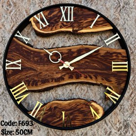 تصویر ساعت چوبی بادام 50cm فریم طلایی F693 