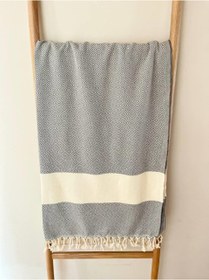 تصویر حوله پشتمال نخی 90x150 سانتیمتر رنگ اکر و خاکستری برند bluenity Cotton Peshtemal Towel 90x150 Cm Ecru/Grey