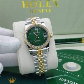 تصویر ساعت زنانه رولکس سایز مدیوم نگین مخراج شده عدد عربی سبز Rolex 